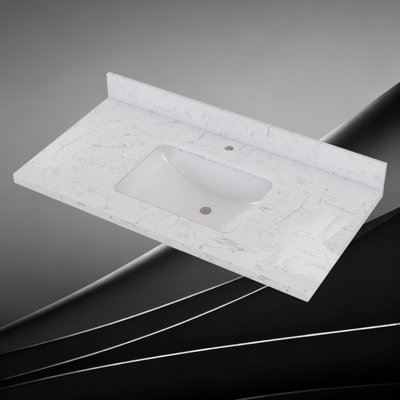 42'' W X 22'' D Engineered Stone Carrara White Vanity Top Single Sink Centre Drain Bathroom Countertop Rectangular Undermount Ceramic Sink with Single Pre-drilled Faucet Hole & 4 In. H Backsplash