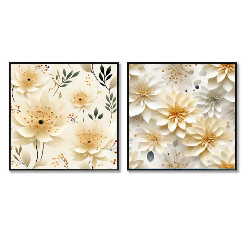 Carnation Mandalas Fleurs Boho Motif IV - Ensemble floral carré de collage de 2, Cadre flottant noir, H 30 po x l 61 po