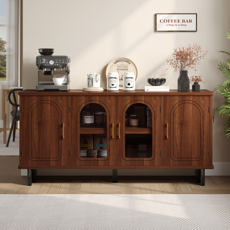 Mid-Century Modern TV Stand with Storage, TV Console Table with Glass Doors for Living Room, Brown