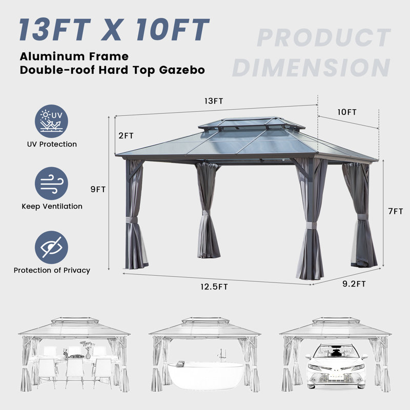 12‘ X 9' Aluminum Patio Double Roof Gazebo with Shade Cloth & Bug Netting