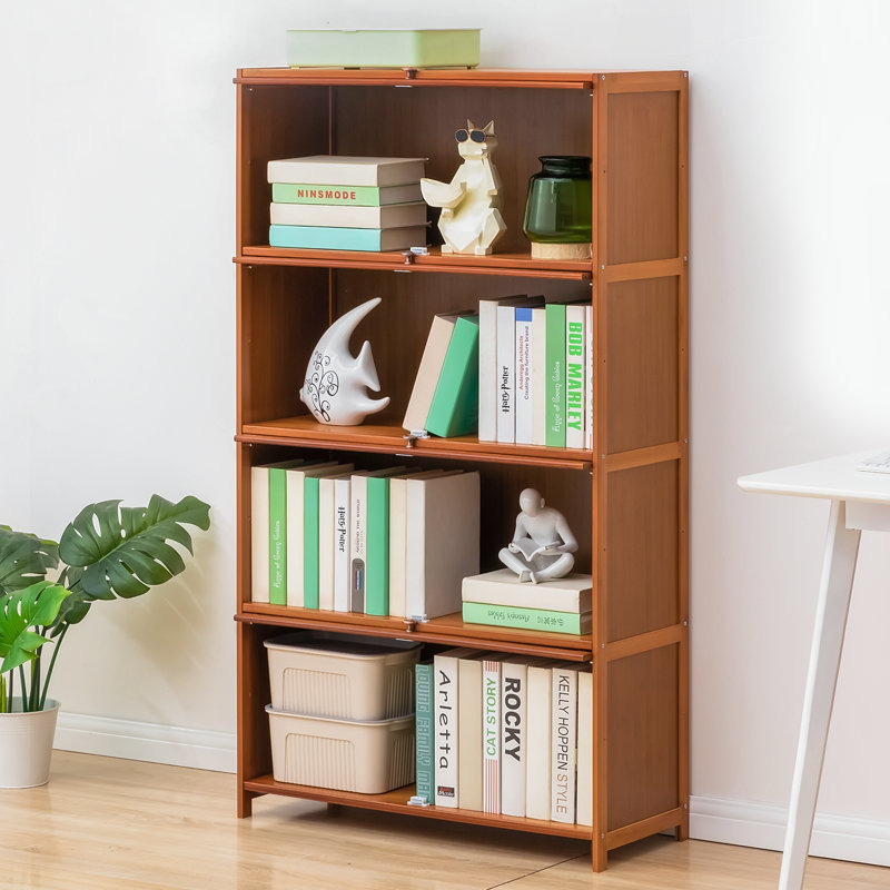 Brown Bamboo 4-Shelf Bookcase with Acrylic Doors