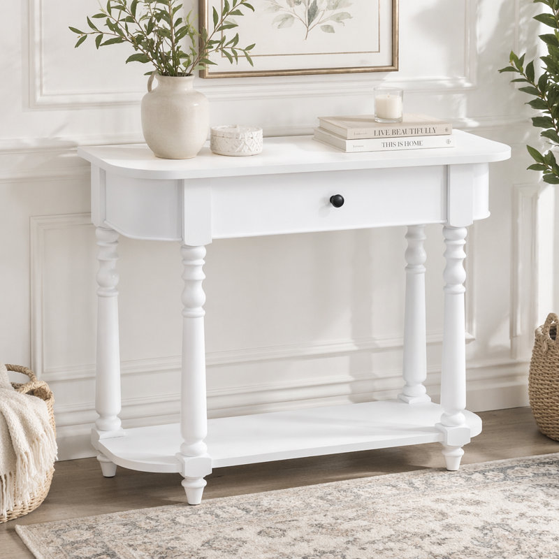 Console avec coin incurvé, table d'entrée rétro avec tiroir supérieur et tablette ouverte, console, Blanc
