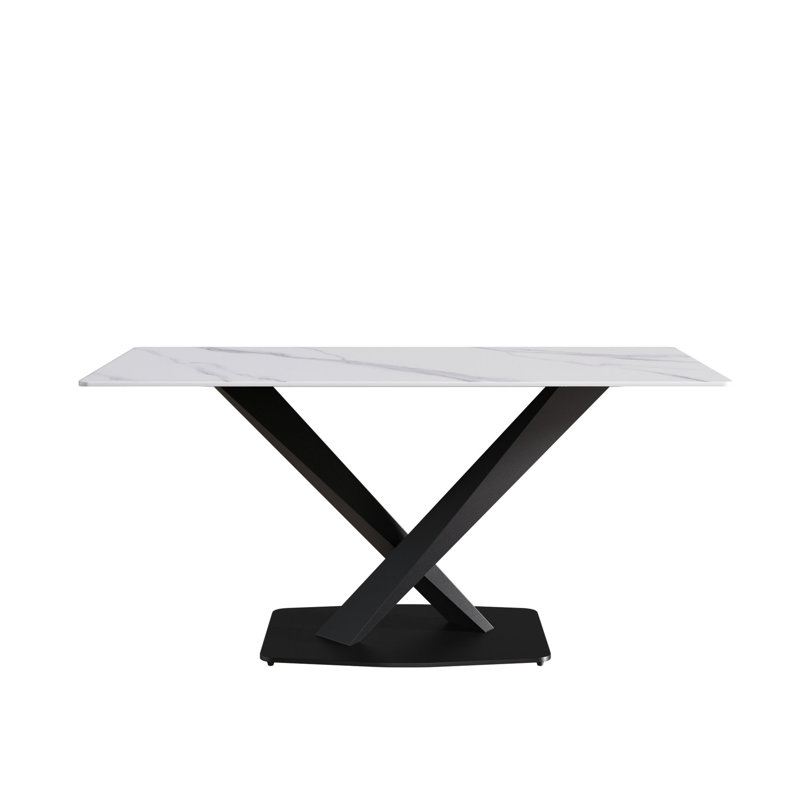 Table de salle à manger rectangulaire en pierre frittée blanche 63 pouces avec métal noir pour 6