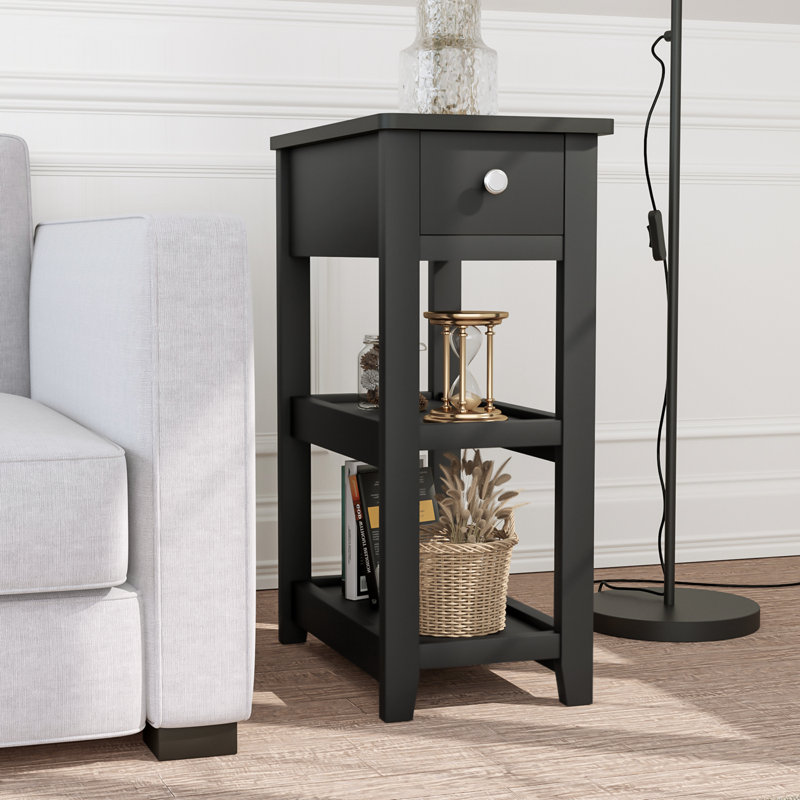 24'' Tall End Table, Narrow Side Table with Drawer and Shelves for Small Space, Black