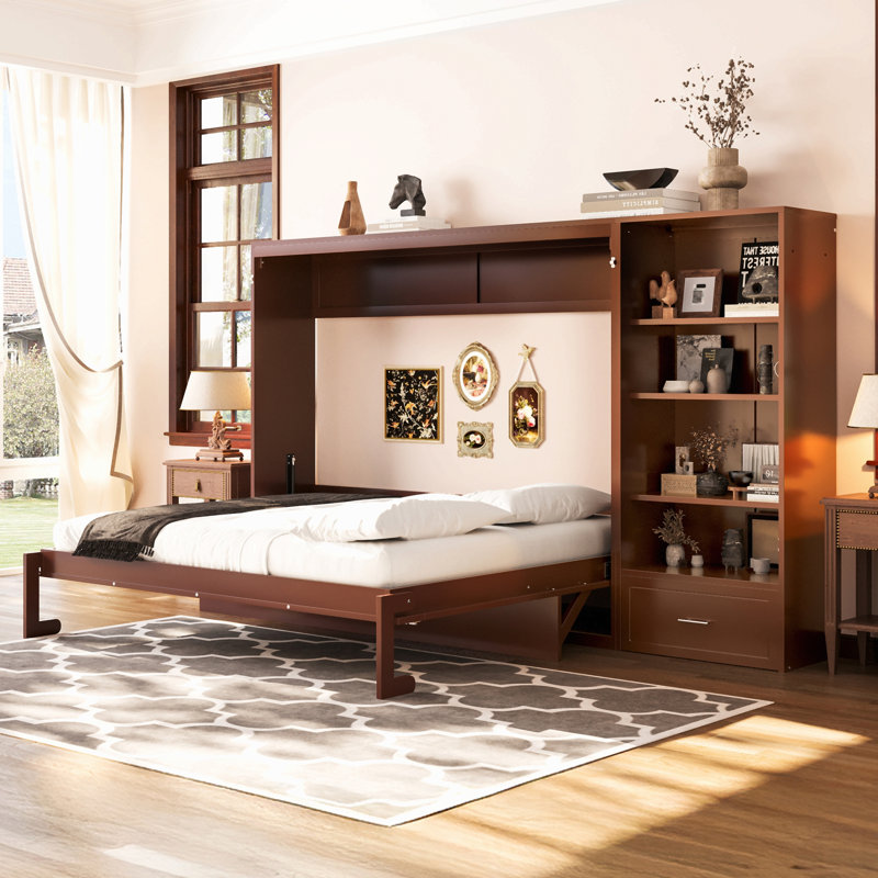Grand lit escamotable avec compartiments de rangement à hauteur réglable et tablette, cadre de lit mural avec 1 tiroir, lit plateforme pliable multifonctionnel pour chambre à coucher, chambre d'amis
