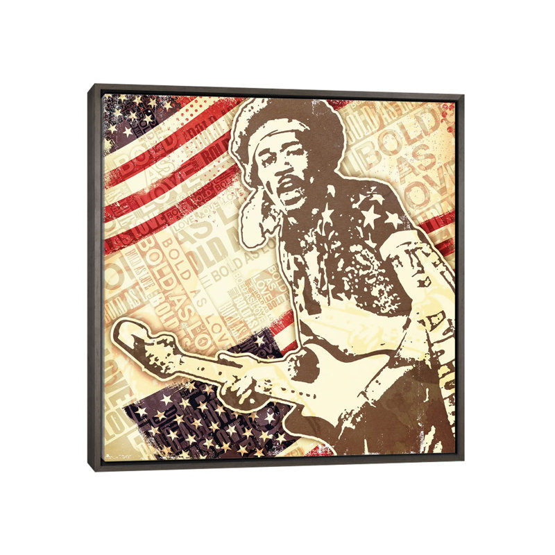«Jimi Hendrix USA Bold as Love», reproduction d'impression, H 18 po x l 18 po x 1,5 po, Toile encadrée de bois rustique foncé