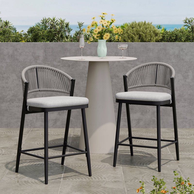 Set Of 2 Outdoor Patio Counter Stools, 26" Seat Height Metal Frame With PE Rattan Scallop-Shaped Backrest, 26", Dark Gray