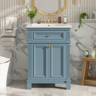 Meuble-lavabo vintage 24 po avec lavabo en céramique, portes à fermeture douce et tablette réglable