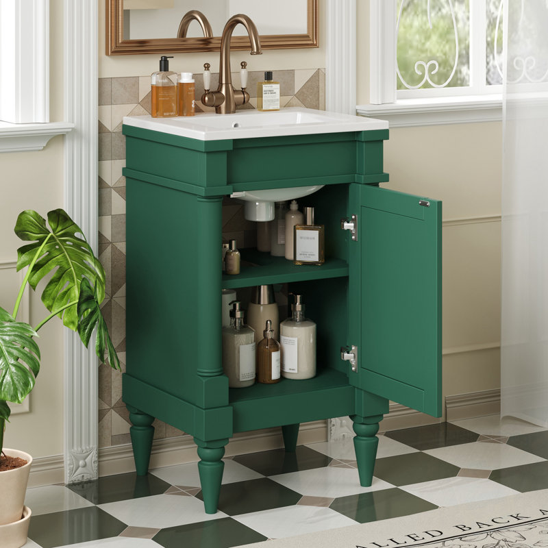 Bathroom Vanity With Ceramic Sink And Adjustable Shelf, Green