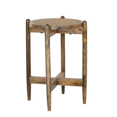 Round Mango Wood Side Table with Rattan Cane Webbing Top, Natural Finish, 17.5”W x 17.5”L x 24”H