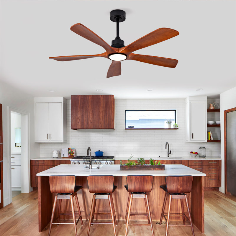 Hot sales Modern Ceiling Fans With Lights and Remote Control, 5 Solide Wood Blades, Reversible DC Motor, Black, Brown, 52"