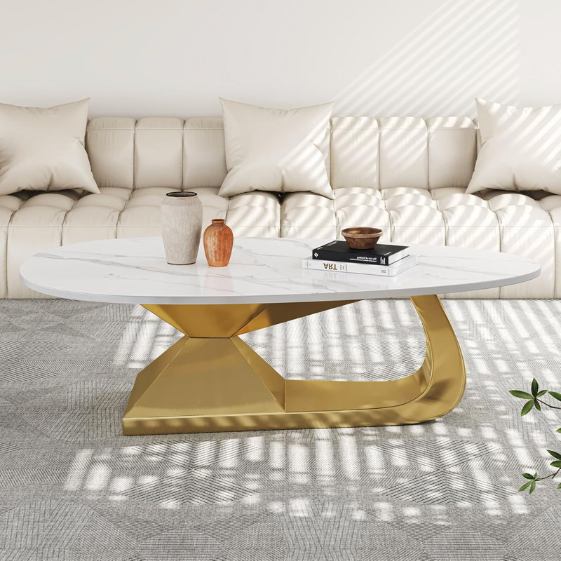 51.2'' Marble Oval Coffee Table,Luxury Living Room Table, White Coffee Table with Gold Base, Modern Center Table for Office