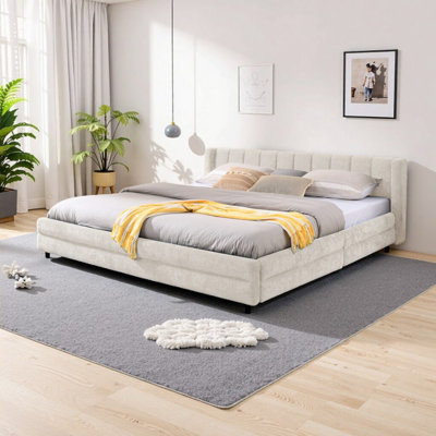 Structure de lit tapissier très grand avec tiroirs de rangement - Tissu chenille beige, conception plateforme moderne (l 86,5 po x L 84 po x H 29,5 po)