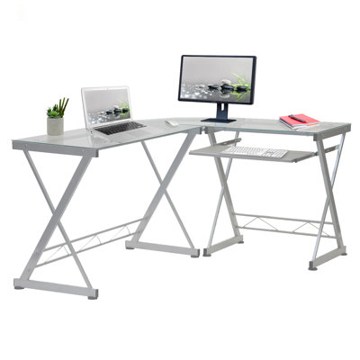 Bureau d'ordinateur en L en verre trempé avec panneau de clavier coulissant