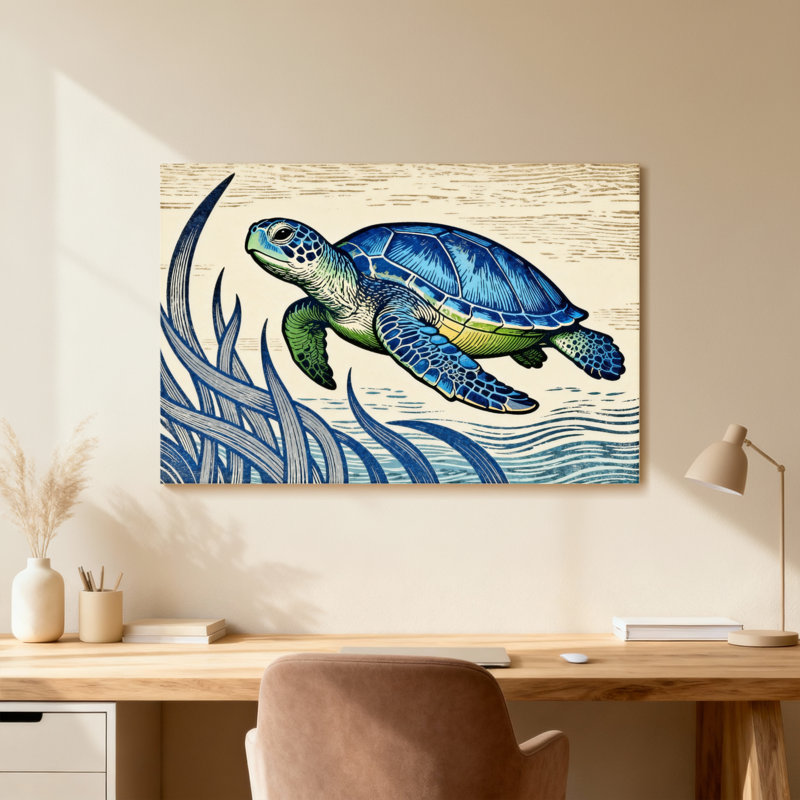 Tortue animal nageant dans l'herbe de l'océan, H 16 po x l 24 po, Toile tendue, Ne s’applique pas