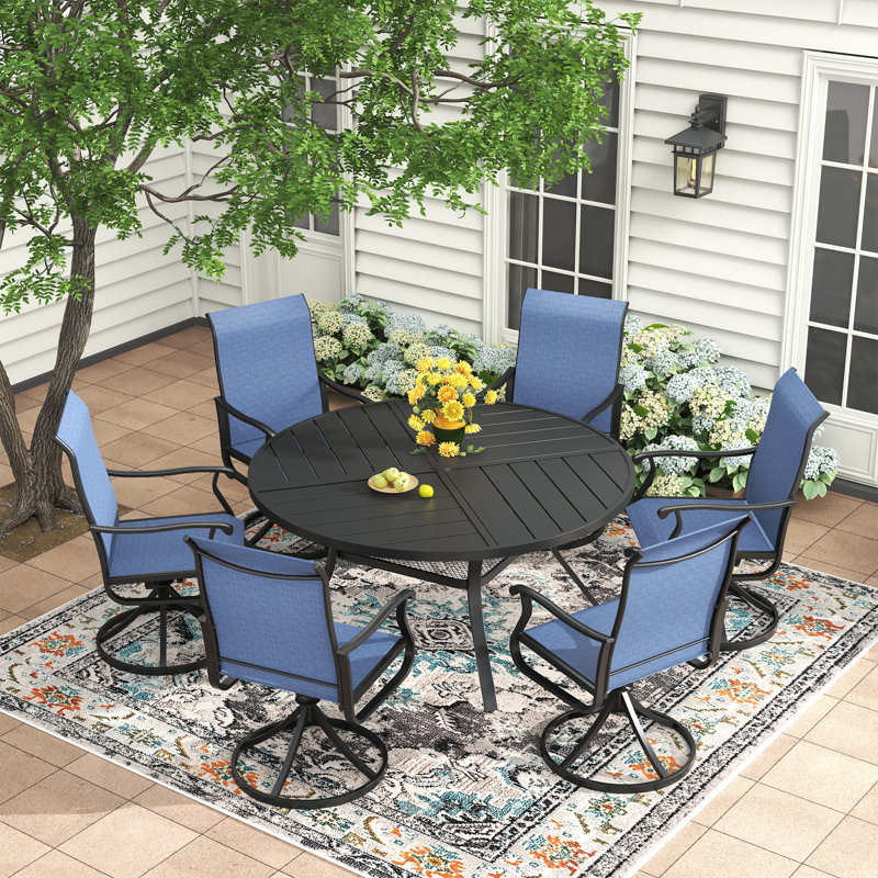 6-Person Outdoor Round Dining Set With Swivel Chair, Black/Blue