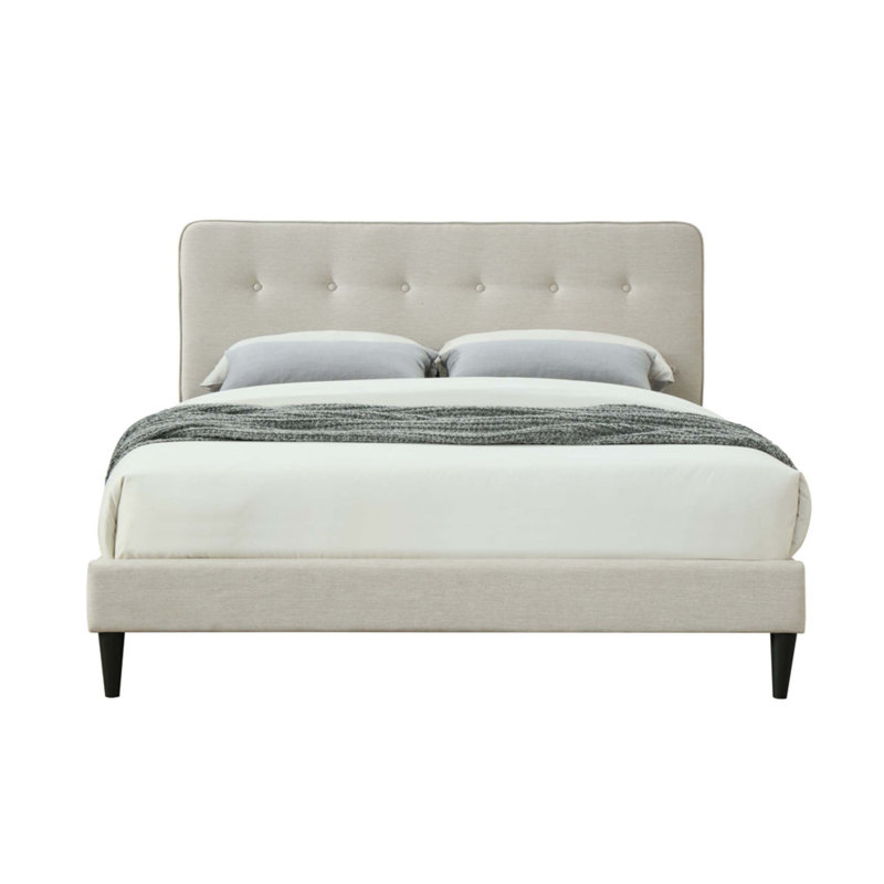 Lit tapissier dans une boîte avec chargement USB, tissu en polyester blanc cassé élégant et tête de lit capitonnée élégante