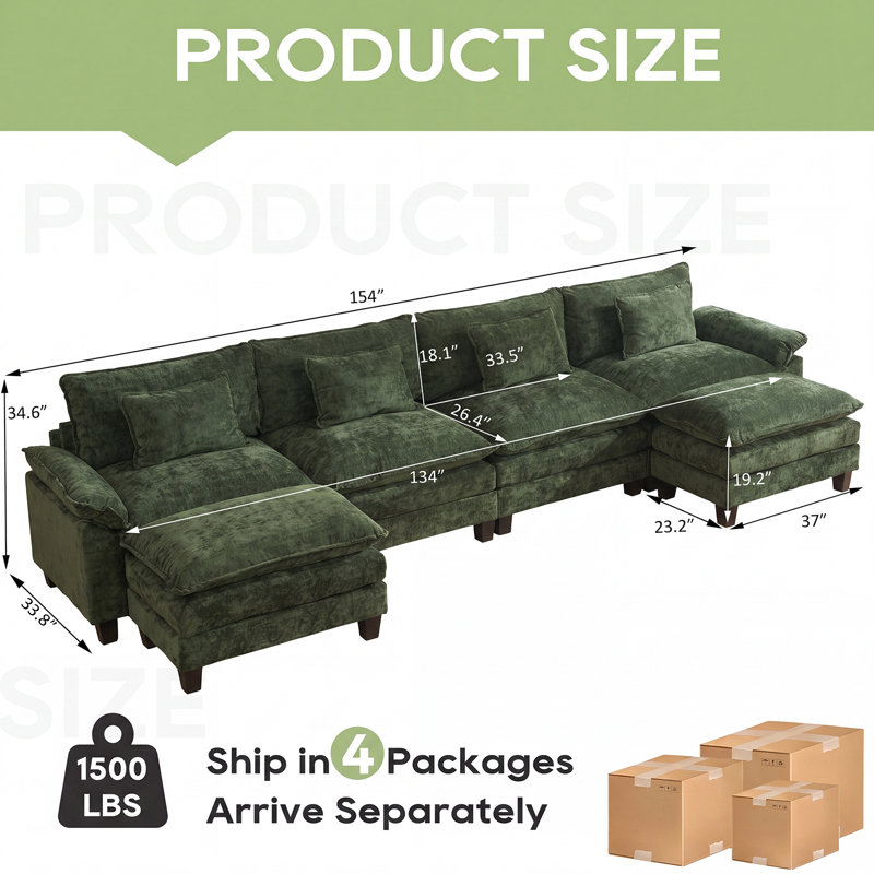 Adonia 154" Oversized U Shaped Sectional Sofa, Comfy Cloud Couch Deep Sectional Sofa With Ottomans For Living Room