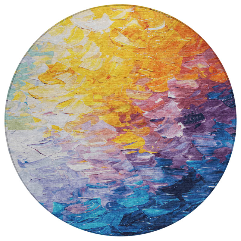 Tapis extérieur rond lavable abstrait bleu doré / bleu sarcelle 8 pi 8 po