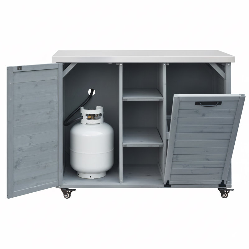 78.3" Outdoor Kitchen Island With Foldable Grill Table, Wooden Cart With Trash Can Storage, Stainless Steel Top, Gray