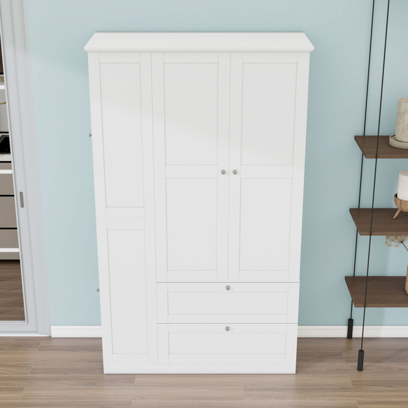 Grand garde-manger de style campagnard avec tablettes, 2 tiroirs et 3 plateaux coulissants, White