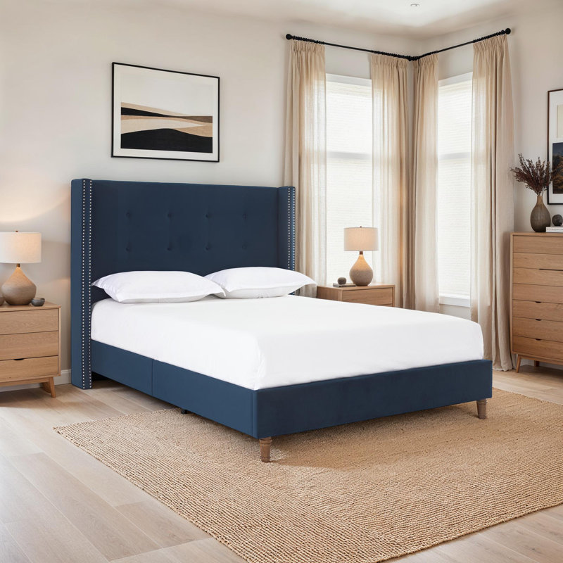 Eftychia Upholstered Wingback Bed, Blue Fabric, Queen