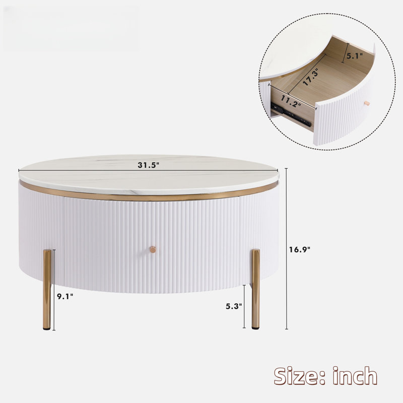 Table basse moderne moderne avec 2 grands tiroirs, motif en marbre et pieds dorés