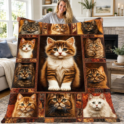 1pc Flannel Throw Blanket, Cute Cat Collage Pattern Flannel Throw, Super Soft Cozy Lightweight Warm Blanket for Sofa Bed Couch Living Room Dorm Office Travel, Home Decor All‑Season Blanket,, Gift
