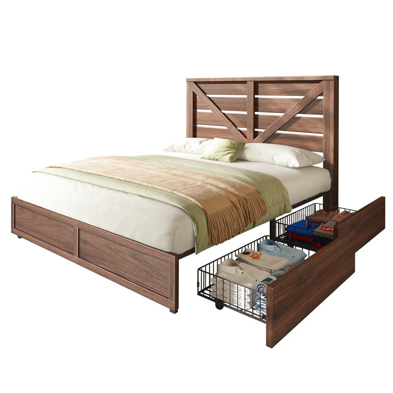 Base de lit grand avec 4 tiroirs Oceant Farmhouse, brun rustique, Brun, Grand