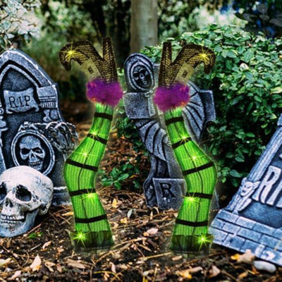 Set Of 2 Halloween Lighted Wicked Witch Legs With Stakes, 22" Light Up Tinsel Witch Prop, Halloween Yard Signs Timer & 8 Modes, Battery Operated For Outdoor Party Haunted House Garden Décor