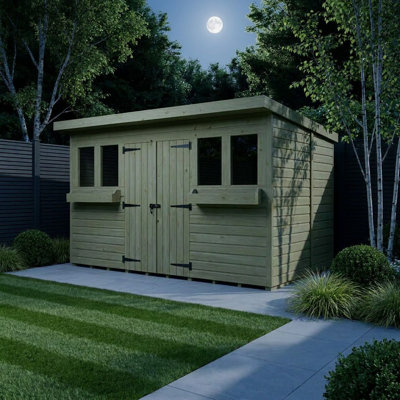 Total Sheds 12ft x 5ft Pent Summer Shed - Toughened Glass External Planters - Pressure Treated Timber - UK Manufactured
