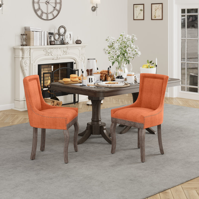 Linen Upholstered Side Chair  Dining Chair, Orange, 2, Brown