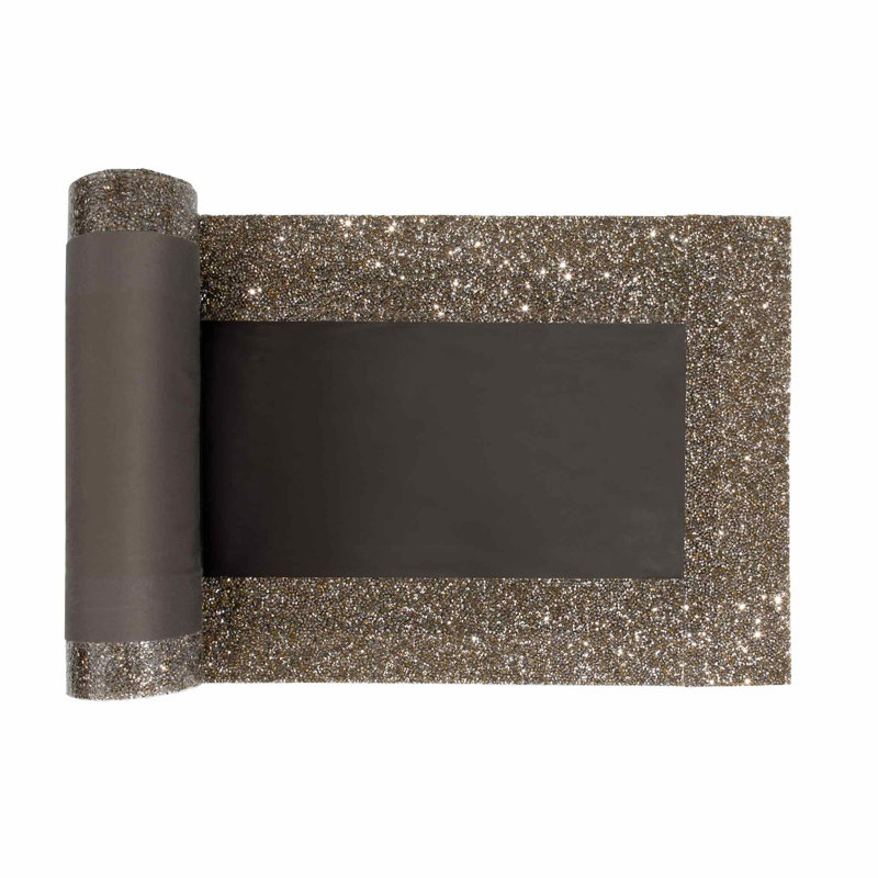 Charcoal Polyester Velvet Table Runner with Rhinestone Border
