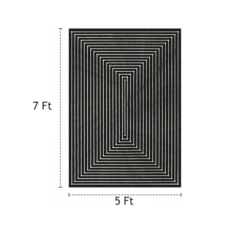 Black White Geometric Labyrinth 5' x 7' Area Rug for Office Hallway
