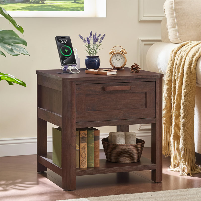  Table de chevet carrée 20 po avec station de charge USB-C et tiroir, table de chevet en bois foncé avec tablette ouverte