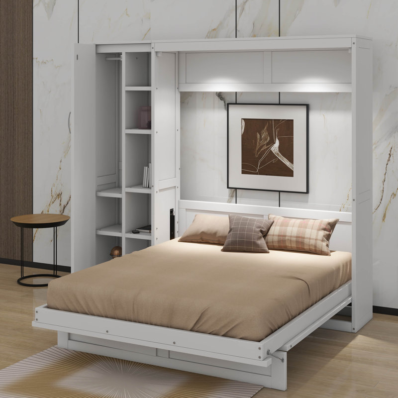 Lit escamotable double avec garde-robe, tablettes et lumières DEL, Lit double, Blanc
