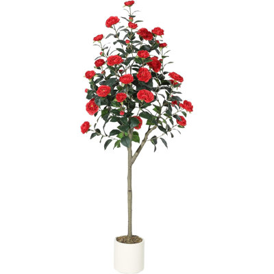 Arbre de camélia artificiel 5 pi, fleurs en soie réalistes, plante artificielle d'intérieur pour l'extérieur