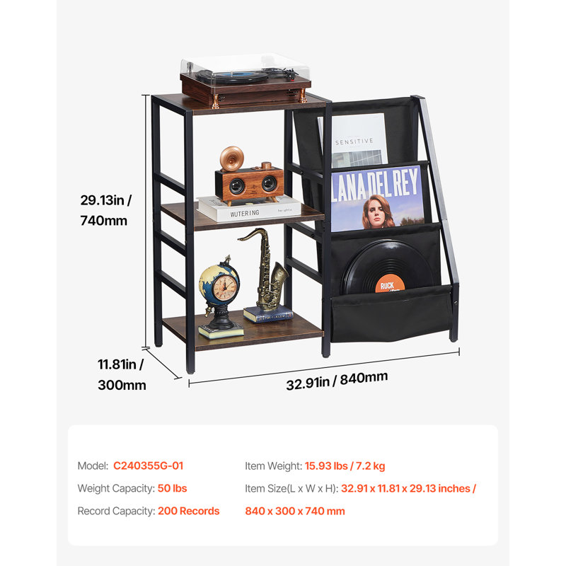 Support pour platine vinyle avec station de recharge et ports USB, pouvant contenir jusqu'à 200 disques, meuble à 3 niveaux avec rangement pour vinyles, table d'exposition pour chambre ou salon.