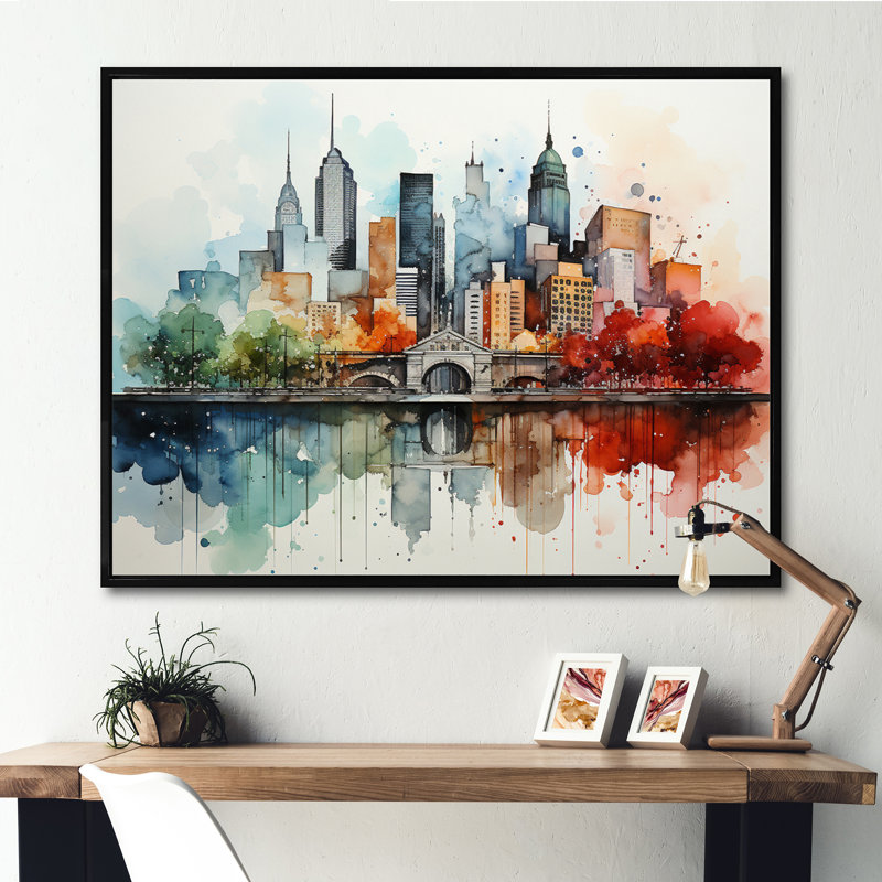 Colourful Nyc Cityscape Watercolor I - New York City Canvas Prints, H 34 po x l 44 po x P 1,5 po, Cadre flottant noir
