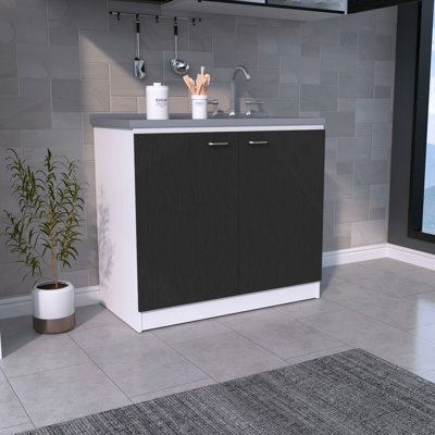 Évier autoportant, armoire à deux portes, deux tablettes, noir