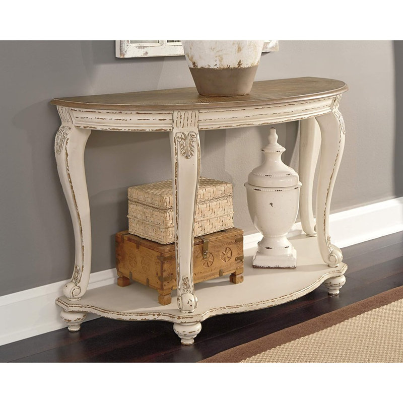 Console Realyn French Country, demi-cercle, blanc et brun