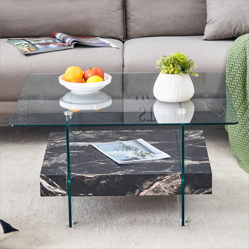 2-Tier Square Coffee Table, Black Marble