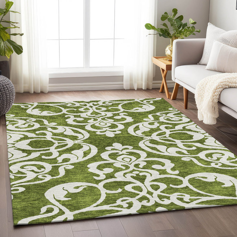 Premium Machine Washable Prisco Green Rug, Rectangle 5' x 7'6"