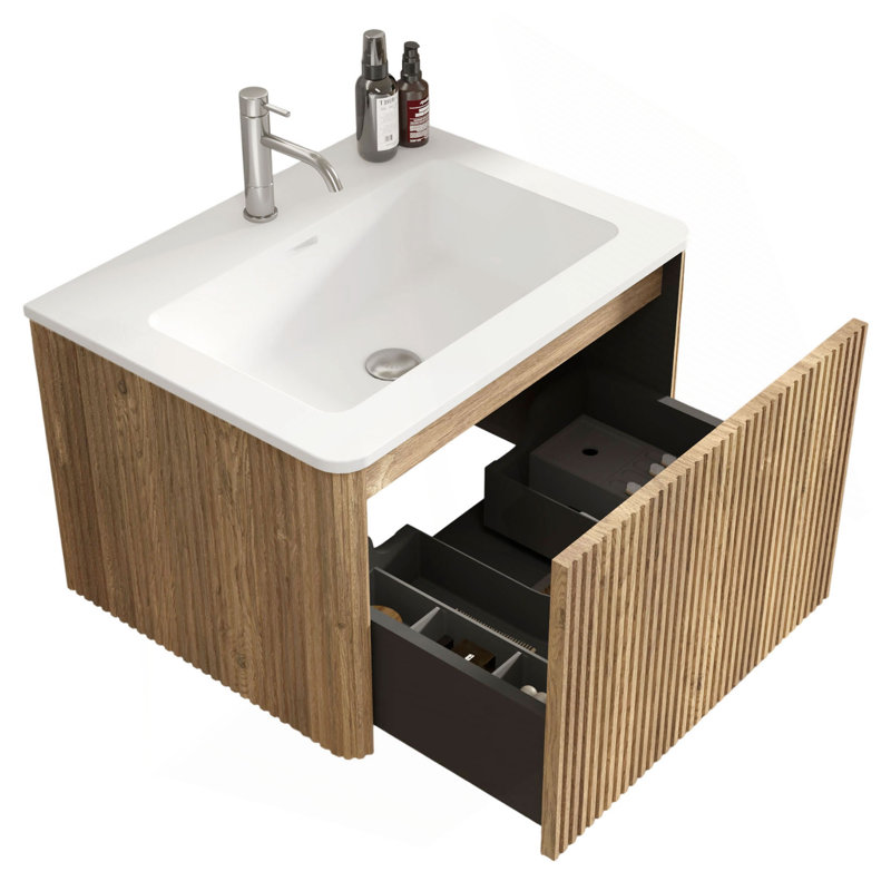 Meuble-lavabo Etna 24 po à rayures rugueuses avec lavabo en surface solide, meuble-lavabo suspendu pour salle de bain moderne, lavabo monobloc sans drain, préassemblé