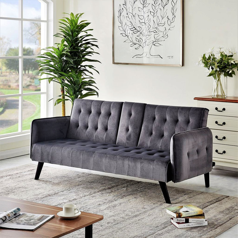 Canapé-lit convertible gain de place avec porte-gobelet intégré, Velours gris foncé, Black