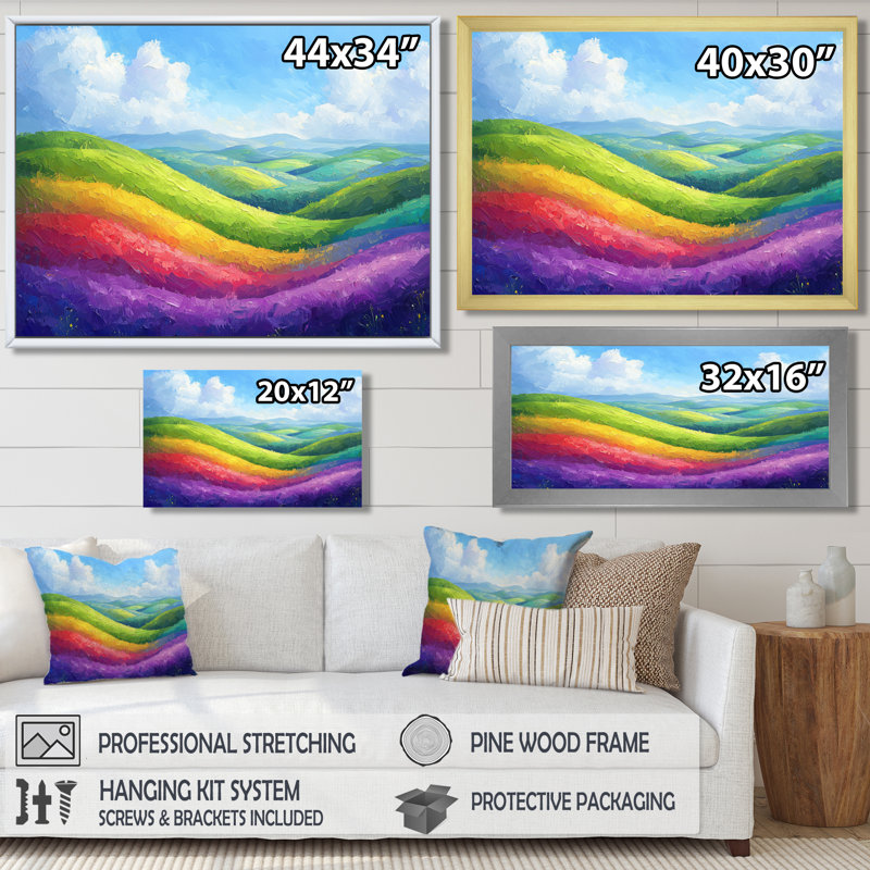 Arc-en-ciel au-dessus des collines luxuriantes - arc-en-ciel, art mural, Encadrement argenté, H 24 po x l 32 po