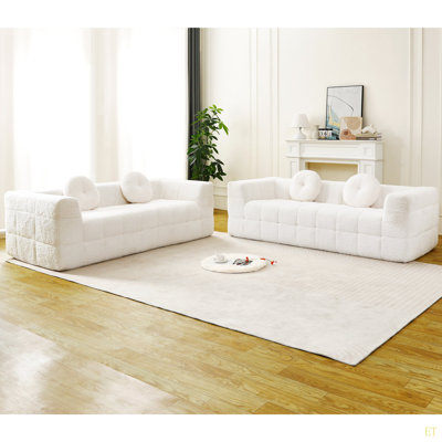 Canapé moderne sans os avec deux coussins décoratifs circulaires, tissu en polyester à poils longs texturé litchi doux pour la peau, canapé en mousse à carreaux