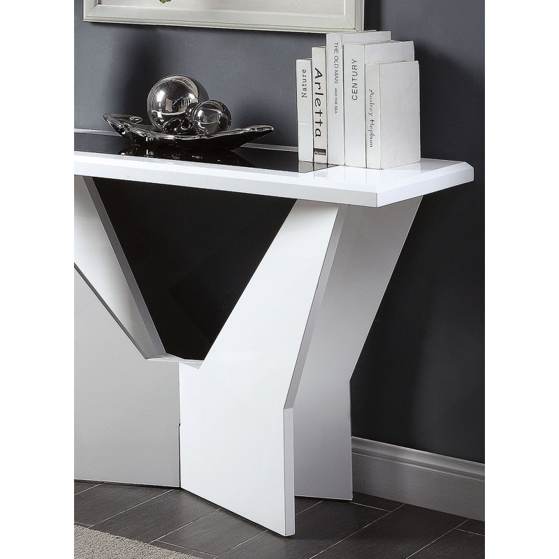 Table de canapé contemporaine à finition blanche avec plateau ultrabrillant et insert en verre trempé, base géométrique