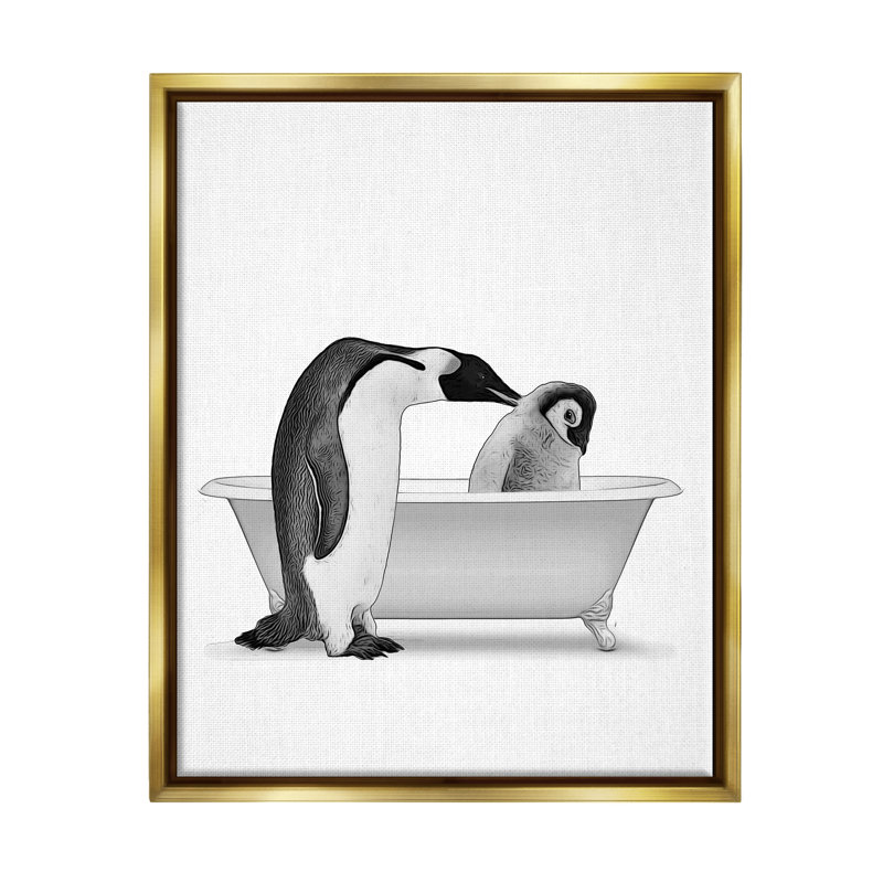 «Penguin & Chick Bathroom Tub» par Annalisa Latella, impression, H 31 po x l 25 po x P 1,7 po, Cadre flottant métallique doré