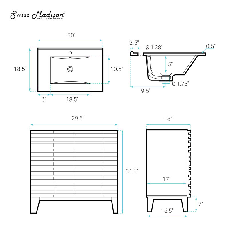 Meuble-lavabo autoportant de 30 po en chêne blanc avec comptoir Wachter, Blanc, Trou simple